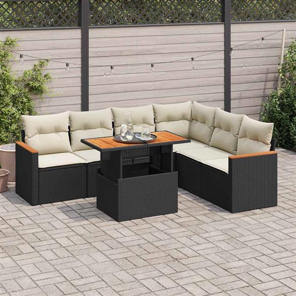 Grote foto vidaxl 7 delige loungeset met kussens poly rattan acacia zwart tuin en terras tuinmeubelen