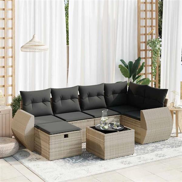 Grote foto vidaxl 7 delige loungeset met kussens poly rattan lichtgrijs tuin en terras tuinmeubelen
