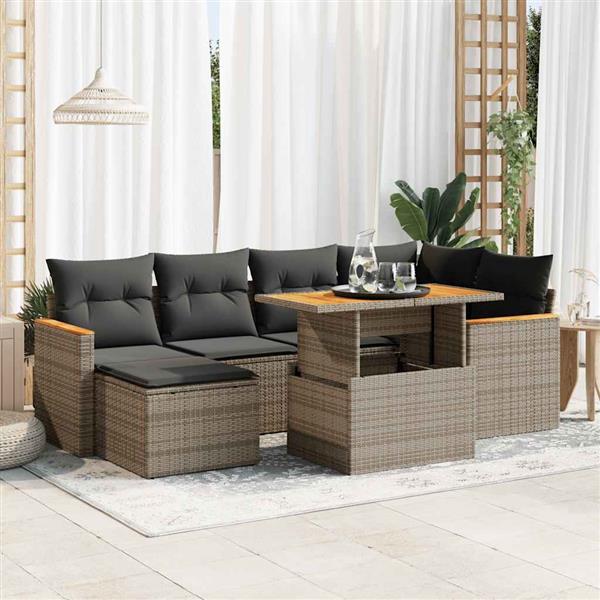 Grote foto vidaxl 7 delige loungeset met kussens poly rattan acacia grijs tuin en terras tuinmeubelen