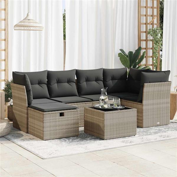 Grote foto vidaxl 7 delige loungeset met kussens poly rattan lichtgrijs tuin en terras tuinmeubelen