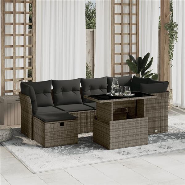 Grote foto vidaxl 7 delige loungeset met kussens poly rattan grijs tuin en terras tuinmeubelen