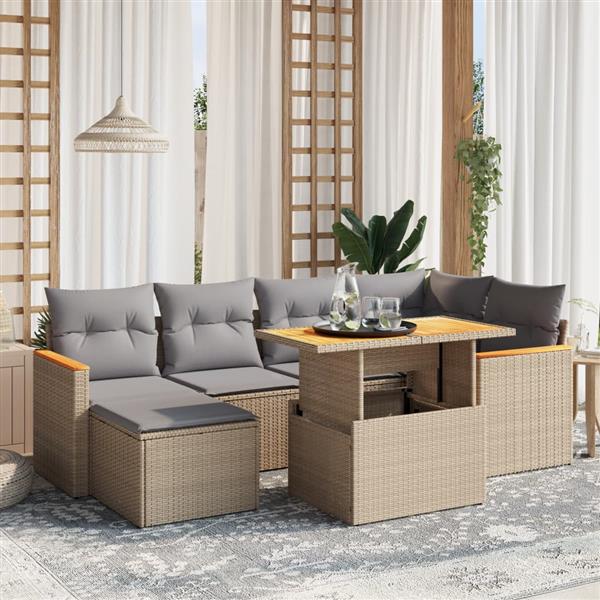 Grote foto vidaxl 7 delige loungeset met kussens poly rattan beige tuin en terras tuinmeubelen