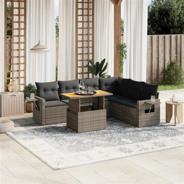 Grote foto vidaxl 7 delige loungeset met kussens poly rattan grijs tuin en terras tuinmeubelen