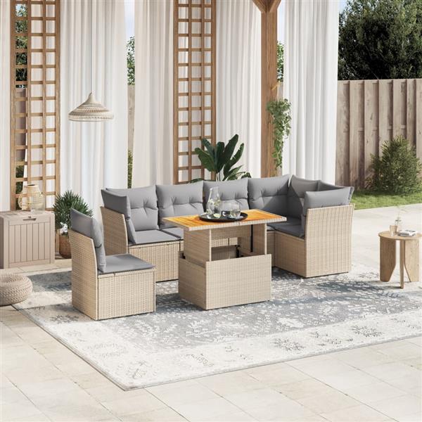Grote foto vidaxl 7 delige loungeset met kussens poly rattan beige tuin en terras tuinmeubelen