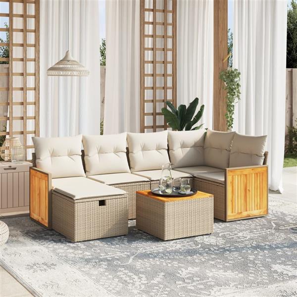 Grote foto vidaxl 7 delige loungeset met kussens poly rattan beige tuin en terras tuinmeubelen