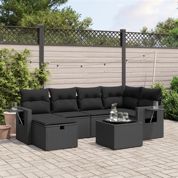 Grote foto vidaxl 7 delige loungeset met kussens poly rattan zwart tuin en terras tuinmeubelen