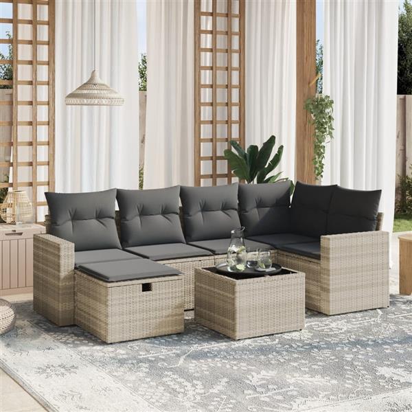 Grote foto vidaxl 7 delige loungeset met kussens poly rattan lichtgrijs tuin en terras tuinmeubelen