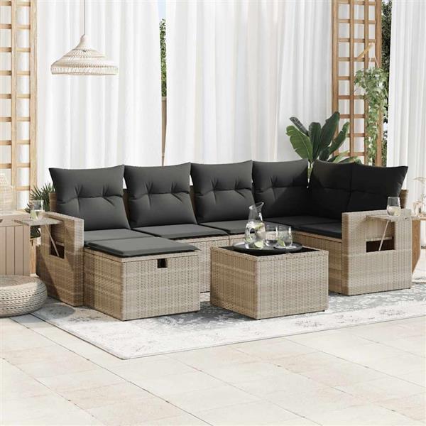 Grote foto vidaxl 7 delige loungeset met kussens poly rattan lichtgrijs tuin en terras tuinmeubelen