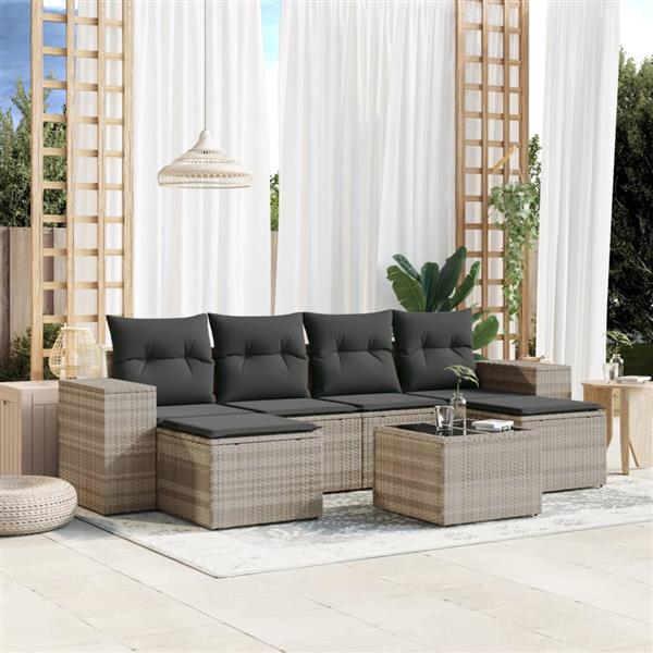 Grote foto vidaxl 7 delige loungeset met kussens poly rattan lichtgrijs tuin en terras tuinmeubelen
