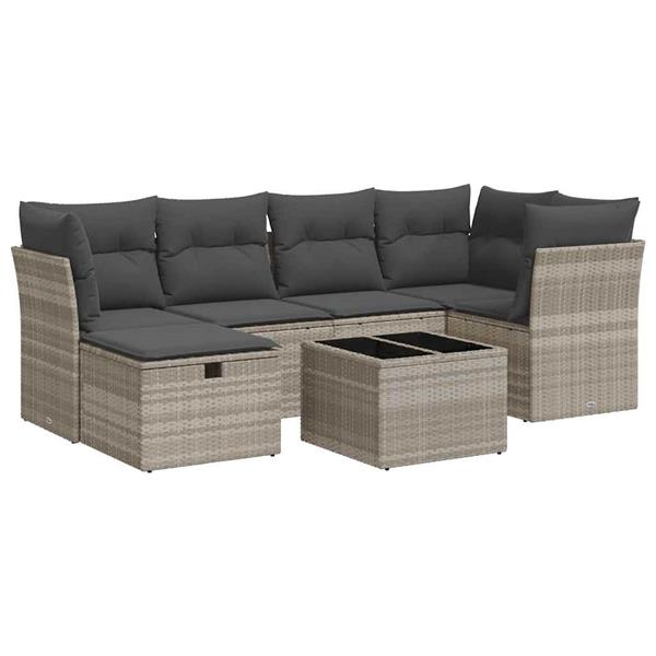 Grote foto vidaxl 7 delige loungeset met kussens poly rattan lichtgrijs tuin en terras tuinmeubelen