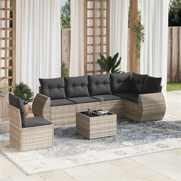Grote foto vidaxl 7 delige loungeset met kussens poly rattan lichtgrijs tuin en terras tuinmeubelen