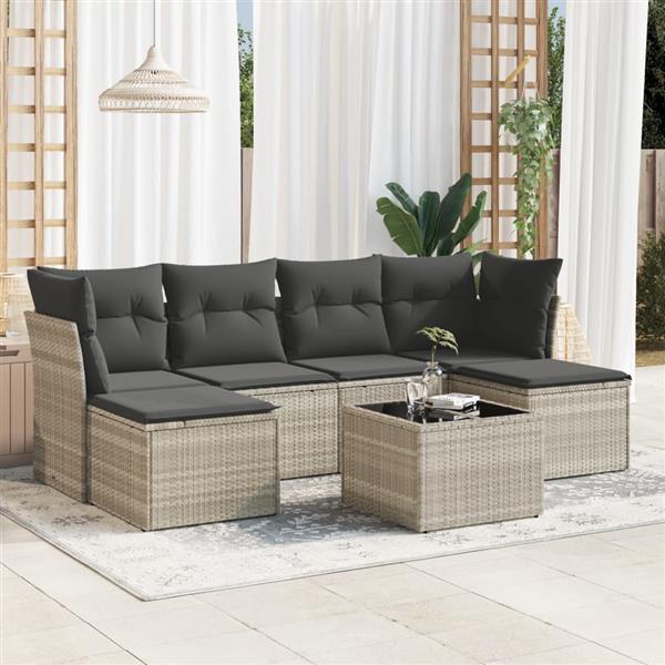 Grote foto vidaxl 7 delige loungeset met kussens poly rattan lichtgrijs tuin en terras tuinmeubelen