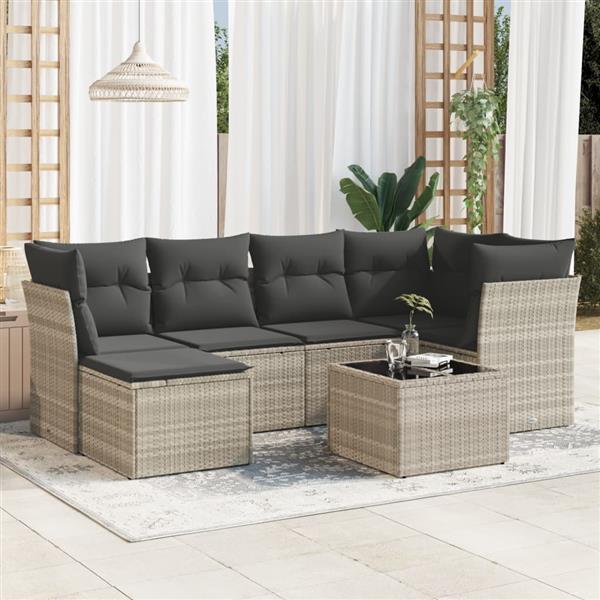 Grote foto vidaxl 7 delige loungeset met kussens poly rattan lichtgrijs tuin en terras tuinmeubelen