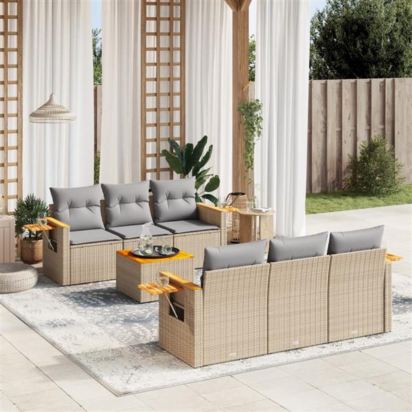 Grote foto vidaxl 7 delige loungeset met kussens poly rattan beige tuin en terras tuinmeubelen