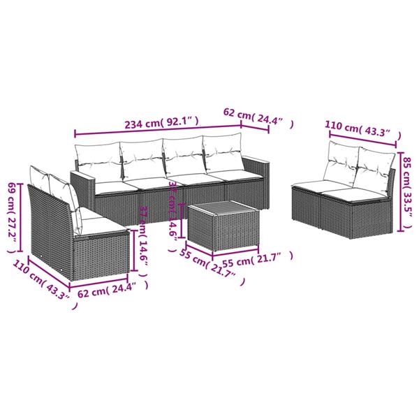 Grote foto vidaxl 9 delige loungeset met kussens poly rattan zwart tuin en terras tuinmeubelen
