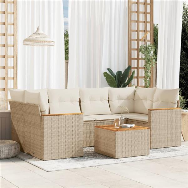 Grote foto vidaxl 7 delige loungeset met kussens poly rattan beige tuin en terras tuinmeubelen