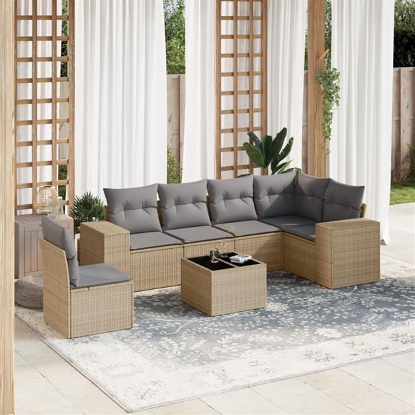 Grote foto vidaxl 7 delige loungeset met kussens poly rattan beige tuin en terras tuinmeubelen