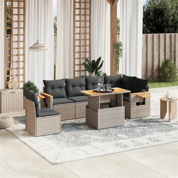 Grote foto vidaxl 7 delige loungeset met kussens poly rattan grijs tuin en terras tuinmeubelen