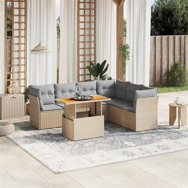 Grote foto vidaxl 7 delige loungeset met kussens poly rattan beige tuin en terras tuinmeubelen