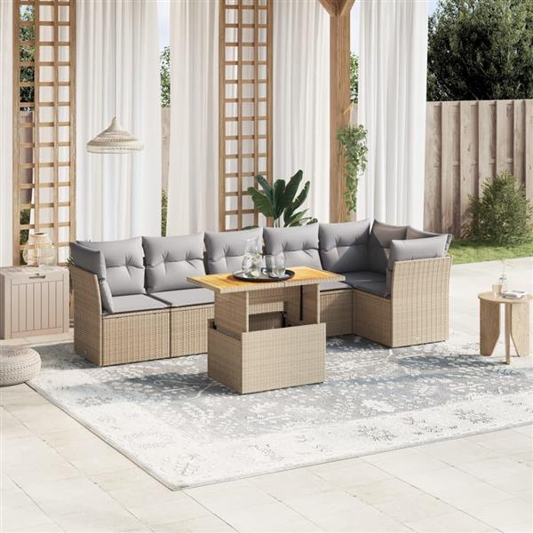 Grote foto vidaxl 7 delige loungeset met kussens poly rattan beige tuin en terras tuinmeubelen