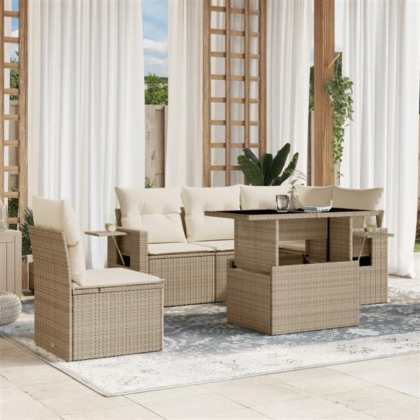 Grote foto vidaxl 6 delige loungeset met kussens poly rattan beige tuin en terras tuinmeubelen
