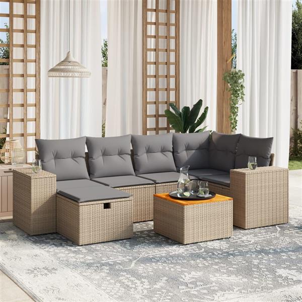 Grote foto vidaxl 7 delige loungeset met kussens poly rattan gemengd beige tuin en terras tuinmeubelen