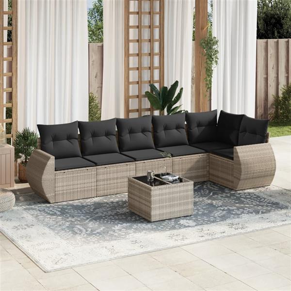 Grote foto vidaxl 7 delige loungeset met kussens poly rattan lichtgrijs tuin en terras tuinmeubelen