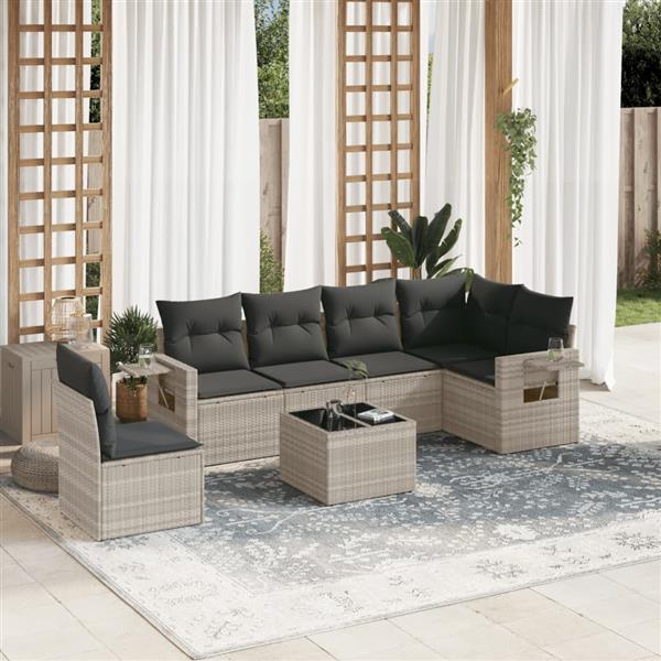 Grote foto vidaxl 7 delige loungeset met kussens poly rattan lichtgrijs tuin en terras tuinmeubelen