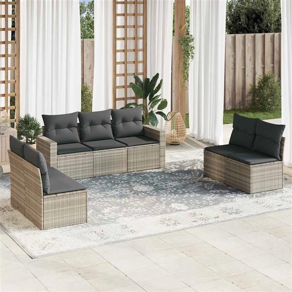 Grote foto vidaxl 7 delige loungeset met kussens poly rattan lichtgrijs tuin en terras tuinmeubelen