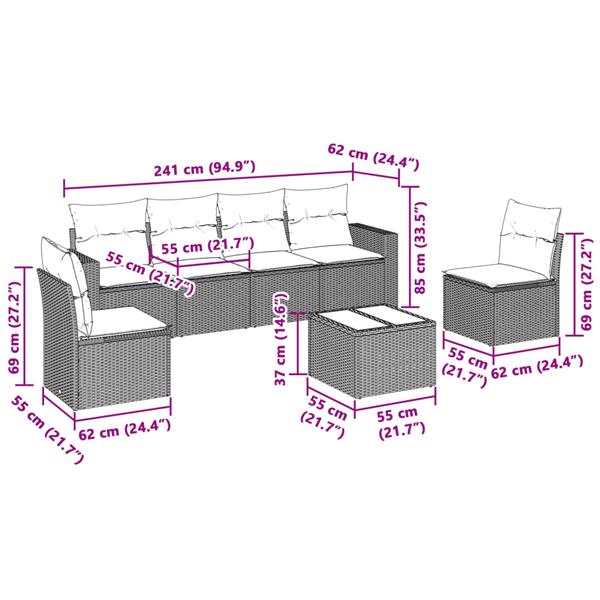 Grote foto vidaxl 7 delige loungeset met kussens poly rattan lichtgrijs tuin en terras tuinmeubelen
