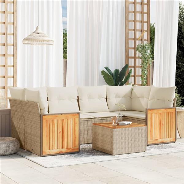 Grote foto vidaxl 7 delige loungeset met kussens poly rattan beige tuin en terras tuinmeubelen