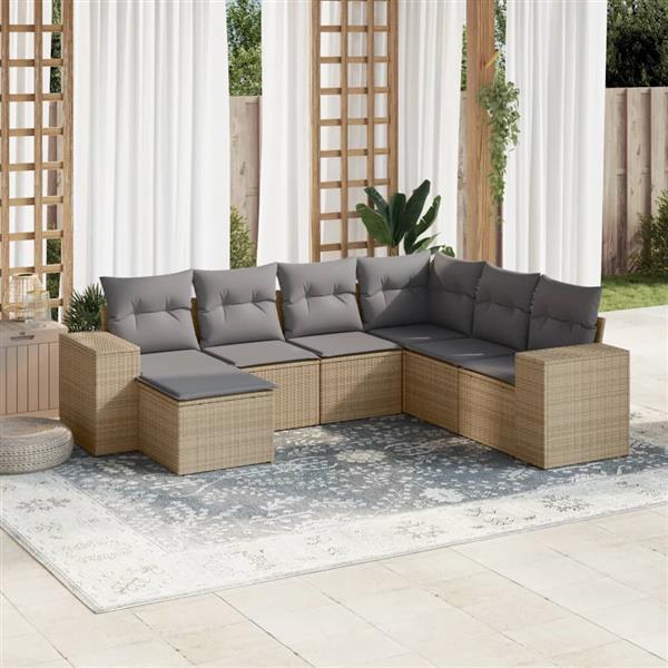 Grote foto vidaxl 7 delige loungeset met kussens poly rattan beige tuin en terras tuinmeubelen