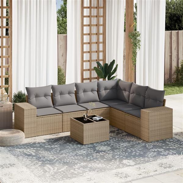 Grote foto vidaxl 7 delige loungeset met kussens poly rattan beige tuin en terras tuinmeubelen
