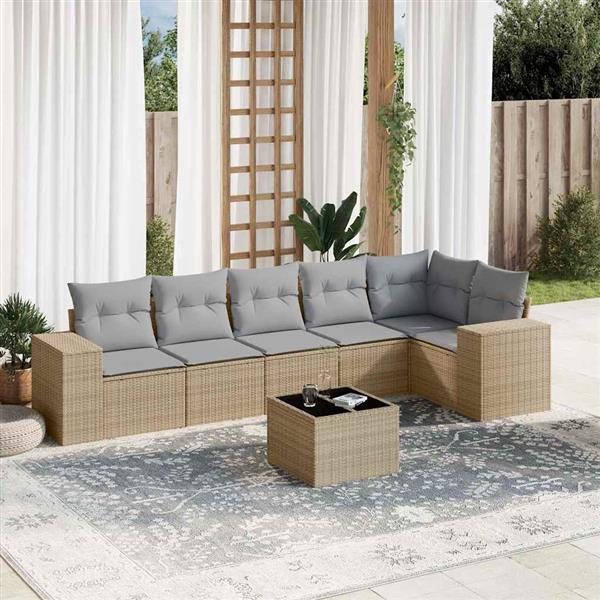 Grote foto vidaxl 7 delige loungeset met kussens poly rattan beige tuin en terras tuinmeubelen