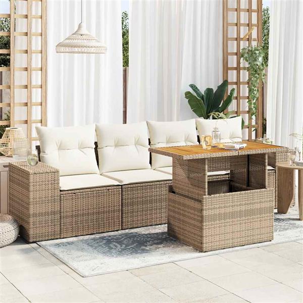 Grote foto vidaxl 5 delige loungeset met kussens poly rattan beige tuin en terras tuinmeubelen