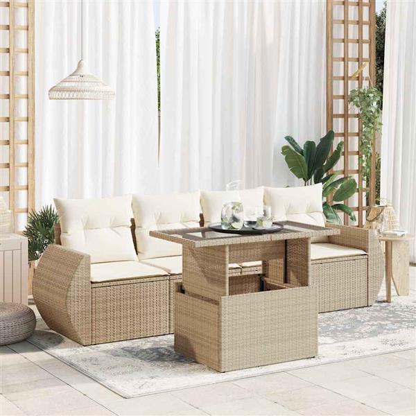 Grote foto vidaxl 5 delige loungeset met kussens poly rattan beige tuin en terras tuinmeubelen