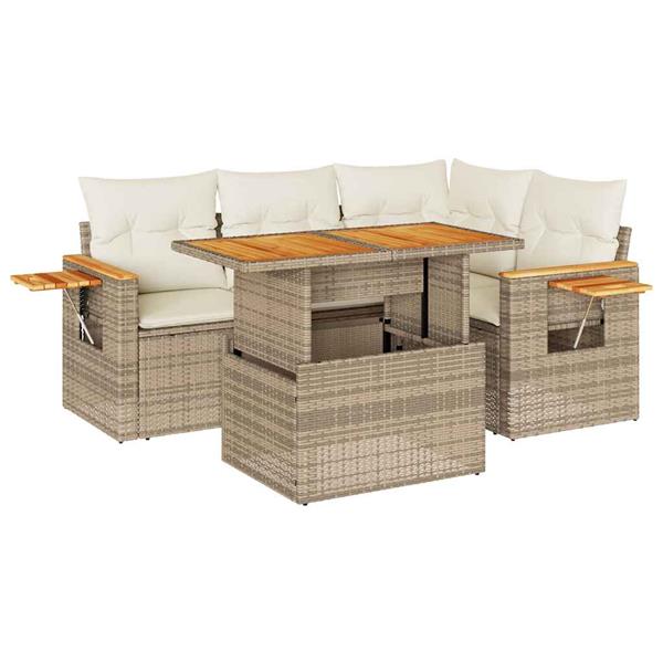 Grote foto vidaxl 5 delige loungeset met kussens poly rattan en acaciahout beige tuin en terras tuinmeubelen