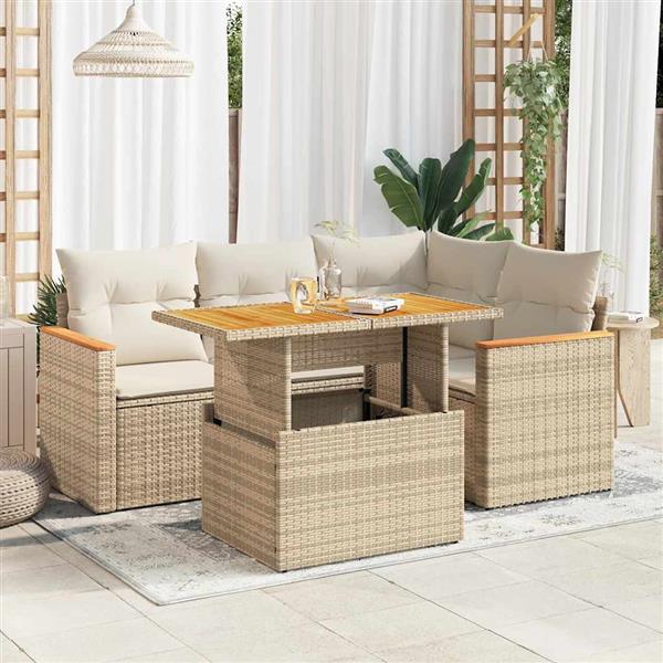 Grote foto vidaxl 5 delige loungeset met kussens poly rattan en acaciahout beige tuin en terras tuinmeubelen