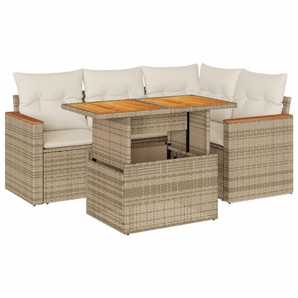 Grote foto vidaxl 5 delige loungeset met kussens poly rattan en acaciahout beige tuin en terras tuinmeubelen