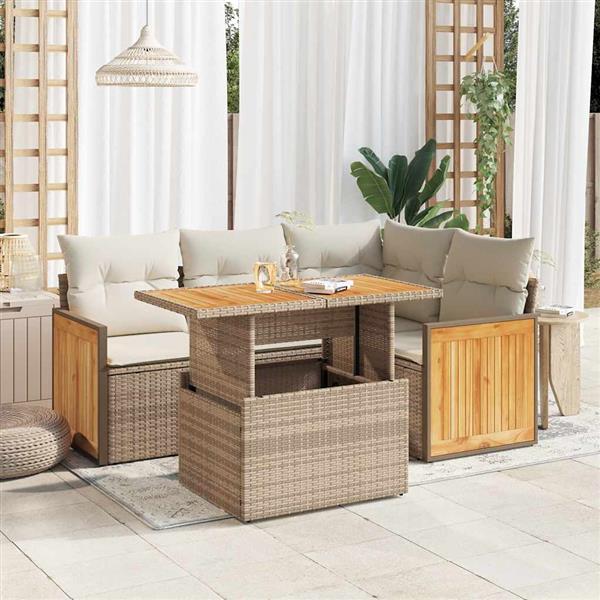 Grote foto vidaxl 5 delige loungeset met kussens poly rattan en acaciahout beige tuin en terras tuinmeubelen