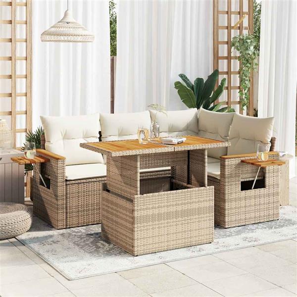 Grote foto vidaxl 5 delige loungeset met kussens poly rattan en acaciahout beige tuin en terras tuinmeubelen