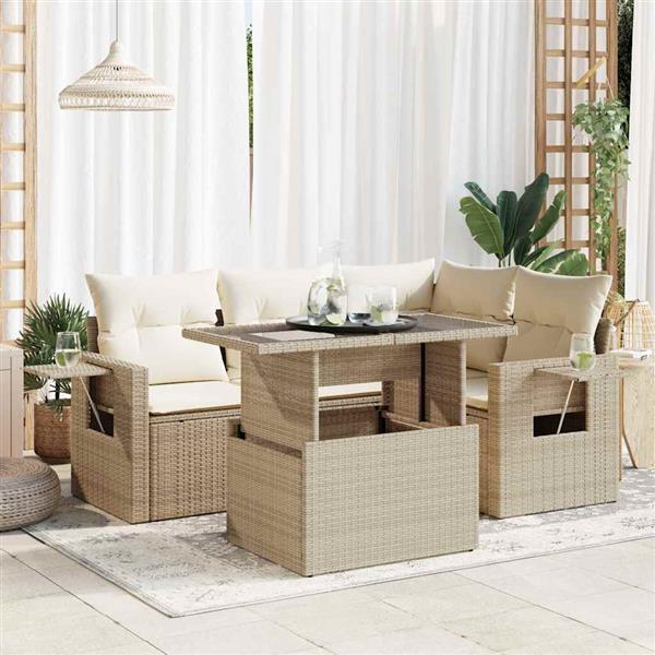 Grote foto vidaxl 5 delige loungeset met kussens poly rattan beige tuin en terras tuinmeubelen