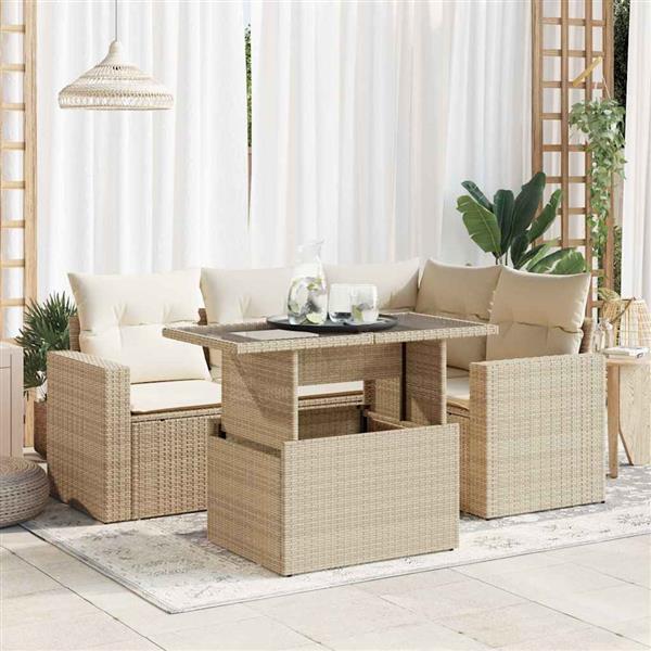 Grote foto vidaxl 5 delige loungeset met kussens poly rattan beige tuin en terras tuinmeubelen