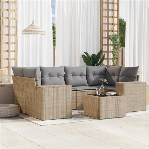 Grote foto vidaxl 7 delige loungeset met kussens poly rattan beige tuin en terras tuinmeubelen