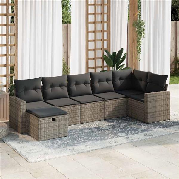 Grote foto vidaxl 7 delige loungeset met kussens poly rattan grijs tuin en terras tuinmeubelen