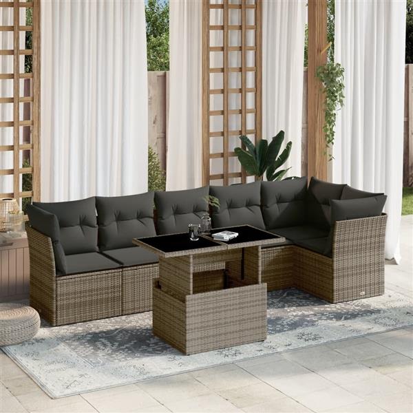 Grote foto vidaxl 7 delige loungeset met kussens poly rattan grijs tuin en terras tuinmeubelen