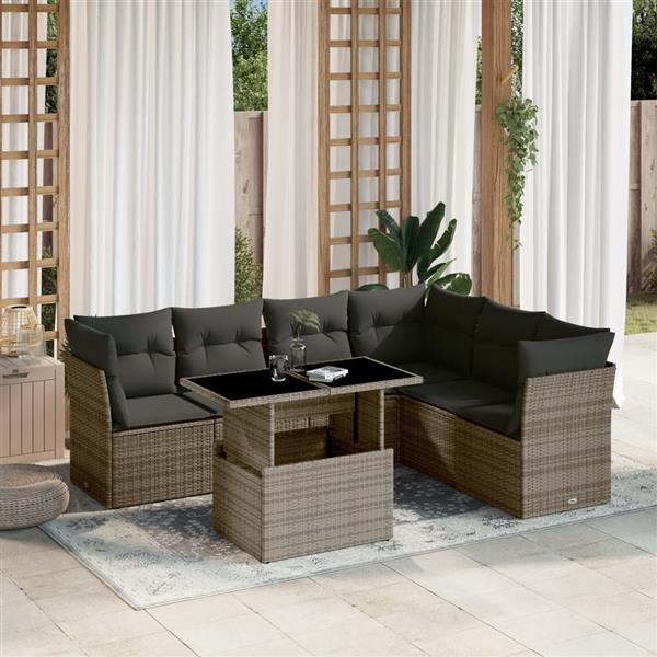 Grote foto vidaxl 7 delige loungeset met kussens poly rattan grijs tuin en terras tuinmeubelen