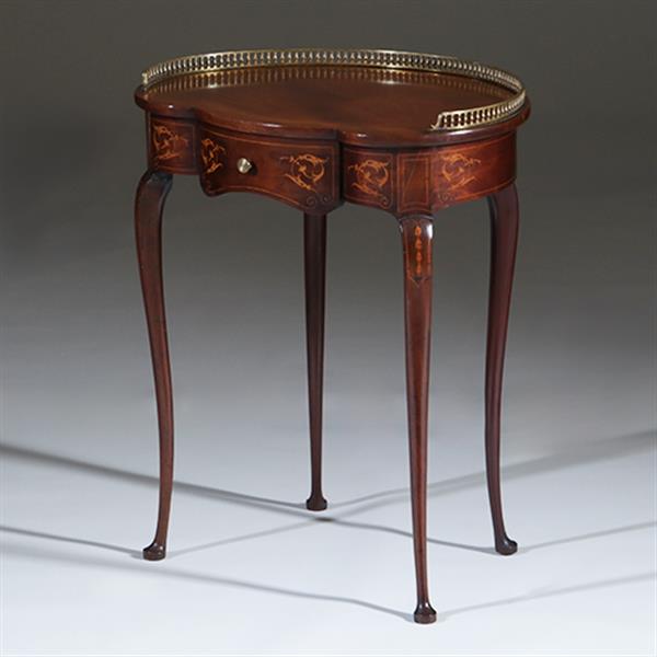 Grote foto niervormig latafeltje klein schrijftafeltje frankrijk ca 1900 met lade inlegwerk en gegoten bronzen antiek en kunst stoelen en banken
