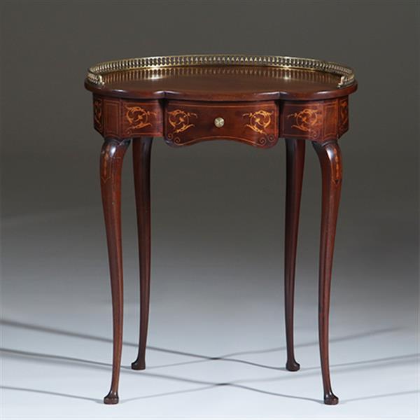 Grote foto niervormig latafeltje klein schrijftafeltje frankrijk ca 1900 met lade inlegwerk en gegoten bronzen antiek en kunst stoelen en banken