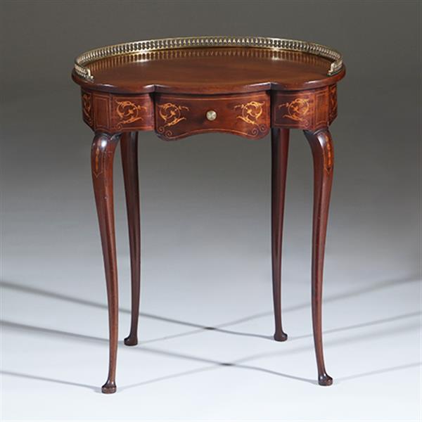 Grote foto niervormig latafeltje klein schrijftafeltje frankrijk ca 1900 met lade inlegwerk en gegoten bronzen antiek en kunst stoelen en banken